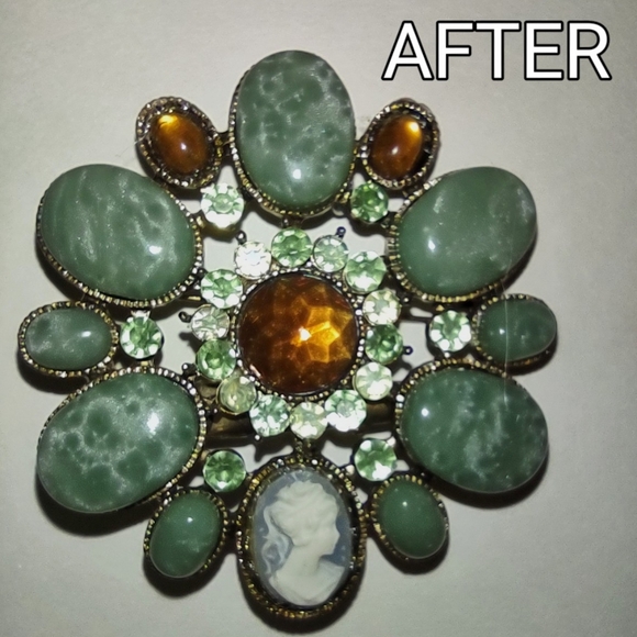 Green Stone & Amber + Cameo Brooch/Clip - Picture 10 of 10